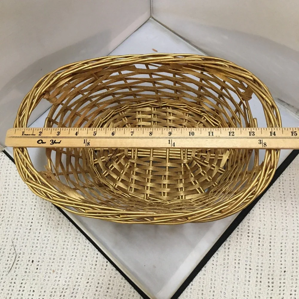 Woven Wicker Basket Home Decor OS Gold Metallic Oval Handled Storage Holiday